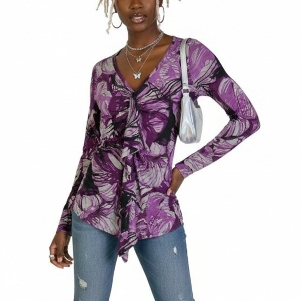 Karen Kane Purple Floral Tie-Front V-Neck Blouse